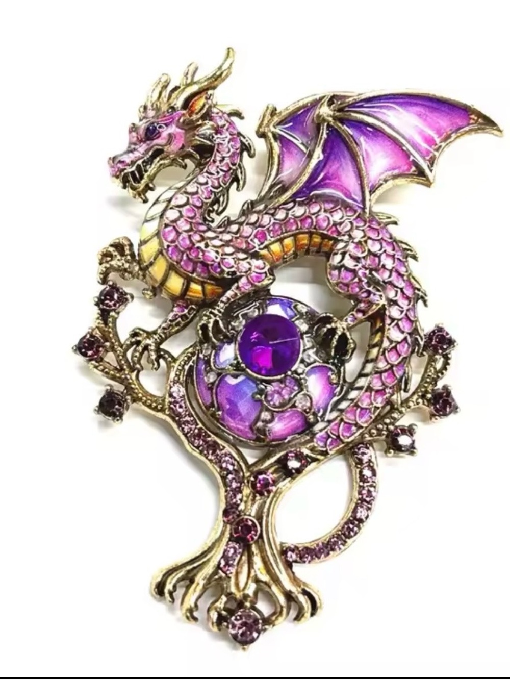 A dramatic purple dragon brooch for anyone who loves fantasy, mythical creatures